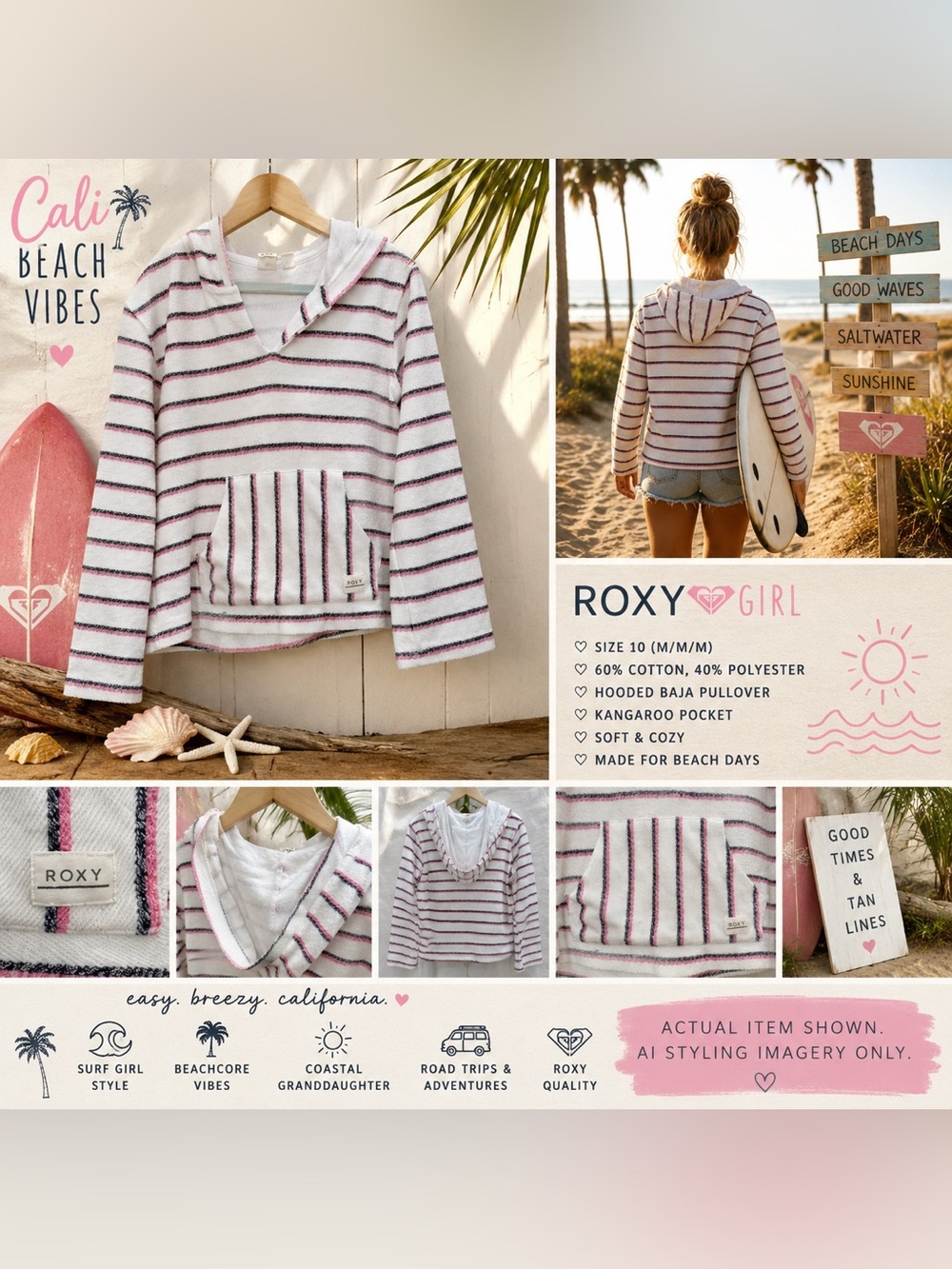 ROXY Girl Hooded Baja Pullover Pink & Blue Striped Cali Surf Beach Hoodie 10